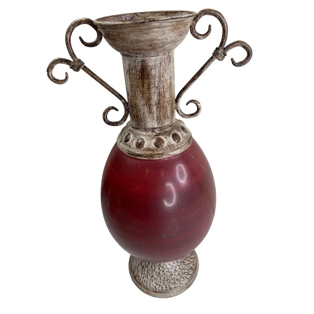 Large Metal Vase Marron‎ Scroll Tan Classic 90s Maximalist Vintage